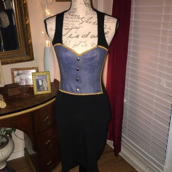 STUNNING BLACK WITH BLUE LEATHER DRESS - Picture 1 of 6